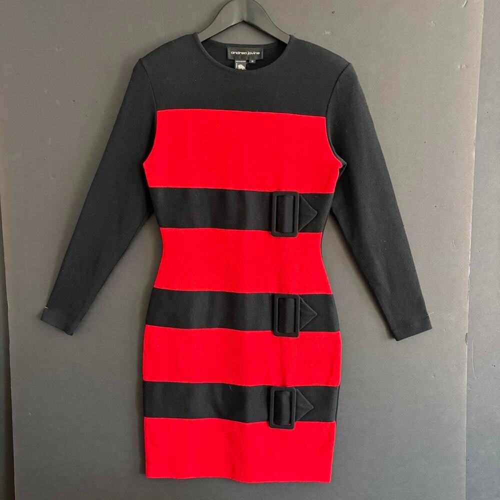 VTG 80s Andrea Jovine Red Black Wool Knit Dress Retro - Fits a true Size M